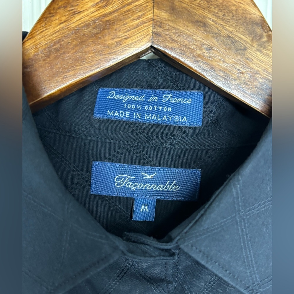 Façonnable Men’s Black Diamond Stitch Cotton Button-Down Shirt French Designer - Picture 2 of 4